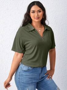 SHEIN Essnce 夏季大码纯色落肩短袖 T 恤 - 軍綠色 - 查看 5