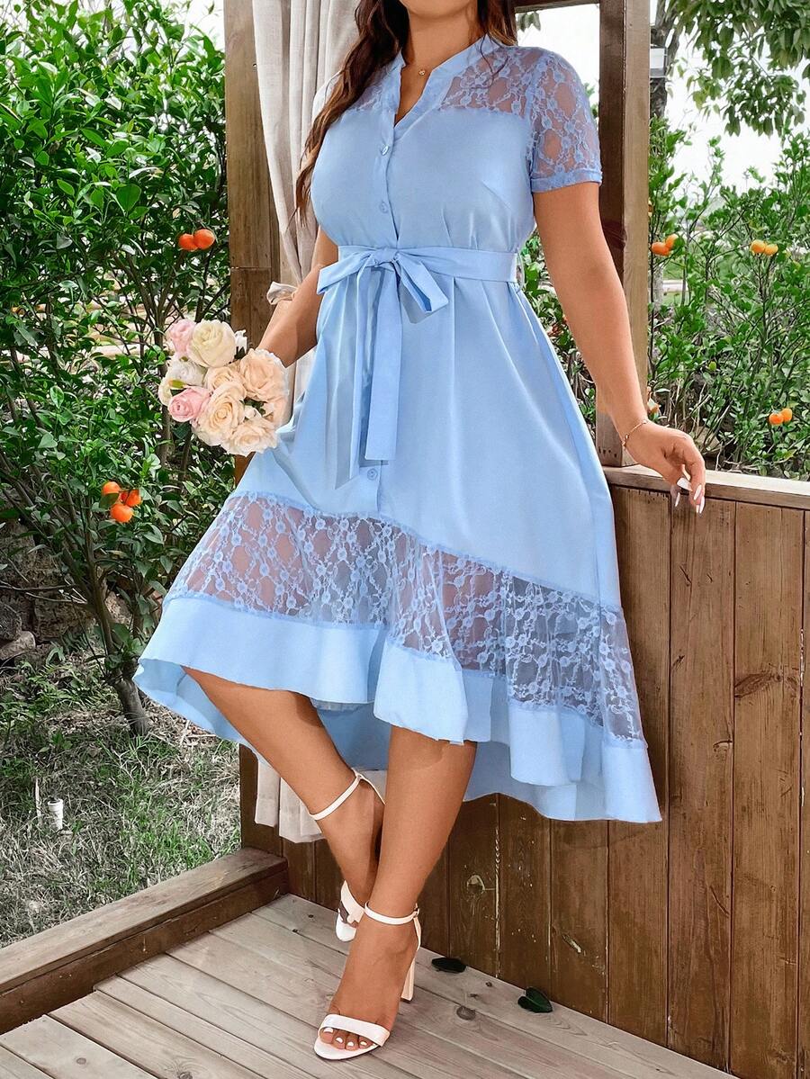 Celure Mujeres de talla grande vestido elegante sin mangas de encaje espeso con dobladillo alto-bajo para verano - Azul - Ver 1