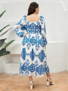 Mulvari 大尺碼女性花卉印花襯衫,懸垂袖散袖洋裝 - 藍白色 - 查看 5