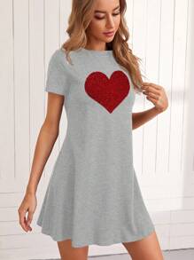 SHEIN LUNE Vestido de verano informal para mujer con patrón de corazones, mangas cortas y ajustado al Body - Gris - Ver 5