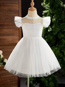 SHEIN Glamorique Kids Young Girls Elegant & High-End Banquet Princess Ball Gown With Tulle - White - View 1