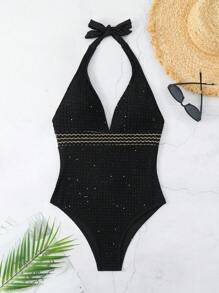 SHEIN Swim 女士假日镂空吊带亮片连体泳衣夏季 - 黑色 - 查看 5