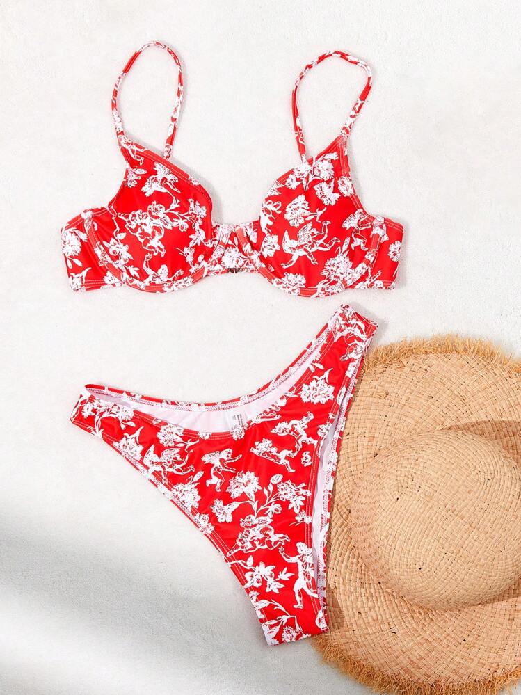 SHEIN Swim Women Full-Frame Floral Print Bikini Set With Underwire Summer - Red and White - View 3