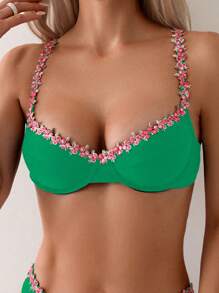 SHEIN Swim Bộ Bikini hai mảnh thêu chắp vá dành cho kỳ nghỉ, bãi biển mùa hè - màu xanh lá - Xem 4