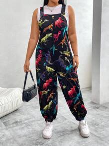 SHEIN MOOSTA Cộng với bộ áo liền quần có túi kép in hình khủng long mùa hè - Nhiều màu - Xem 6