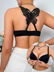 SHEIN 女士背部連接蝴蝶花邊文胸，聚攏和成型杯式前扣 - 黑色 - 查看 1