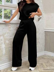 SHEIN EZwear Spring/Summer Black Knit Loose Fit Leisure Suit - Black - View 4