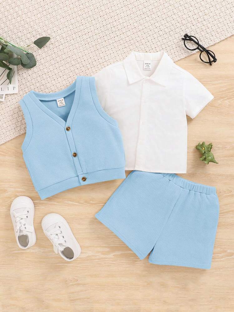 3pcs/Set Baby Boy And Baby Girl Leisure Knitted Solid Color Vest, Outerwear, Short-Sleeved Shirt, And Shorts