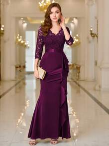 MIUSOL V Neck Contrast Lace Ruffle Satin Evening Party Maxi Formal Dress Elegant Prom Wedding Guest Gown, For Graduation, Dinner - Maroon - View 1