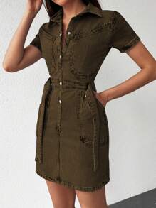 EURMUSE Belted Denim Dress - Khaki - View 5