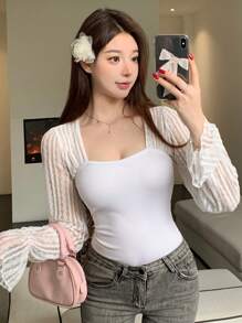 DAZY Contrast Lace Flounce Sleeve Sweetheart Neck Top,Ruffle Long Sleeve Women Tops - White - View 3