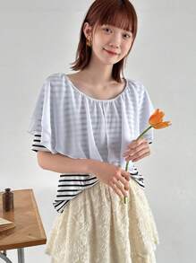 FRIFUL Camiseta de rayas con cuello con volantes de moda para mujeres