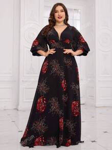 SUPGIR [Stampa floreale casuale] Abito da ballo in chiffon di alta qualità elegante ed elegante con maniche lanterna a pieghe con scollo a V e stampa floreale casuale stampata in 3D digitale