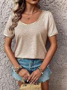 EMERY ROSE Solid Color Round Neck Short Sleeve T-Shirt For Summer Vacation - Apricot - View 8