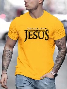 Manfinity Dauomo 男款夏季休閒T恤，圓領，印有口號 - 黃色 - 查看 1