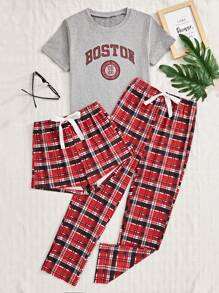 Tween Girl Simple Classic Red Plaid Shorts And Long Pants Matching Short-Sleeved Top 3-Piece Pajama Set - Light Grey - View 6