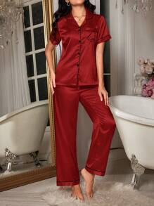Conjunto de pijama para mujer con bolsillo, bordado de letras y ribete de bloques de color, ideal para vacaciones