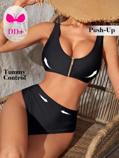 Zip Front High Waisted Summer Beach Bikini Set