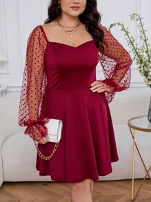 SHEIN Privé 大尺碼網眼拼接波點甜心領裙 - 酒紅色 - 查看 3