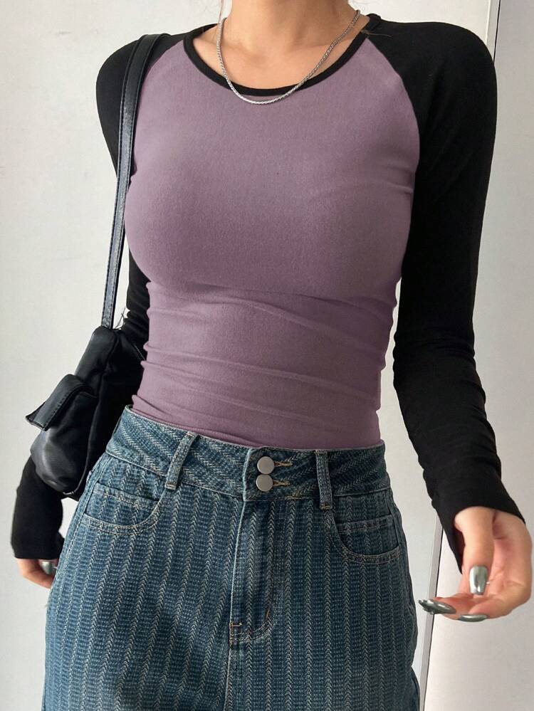 Color Block Long Sleeve Slim Fit Casual T-Shirt