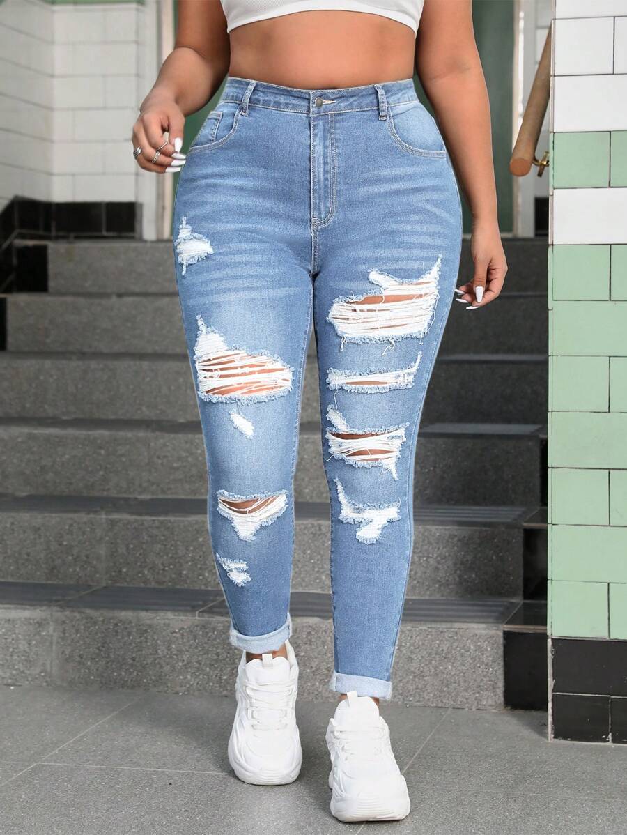 Jeggings ajustados, rasgados y elásticos para mujer de talla grande - Azul - Ver 1