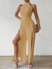 Calvaya Women Summer Solid Color Halter Neck High Waist Split Jumpsuit