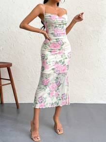 SHEIN Privé Women Elegant Mesh Floral Printed Slim Fit Draped Neck Ruched Mermaid Hem Cami Sundress For Holiday