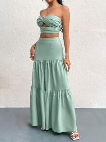 Firerie 女士两件套打结镂空抹胸搭配荷叶边中长 A 字裙，优雅度假 - 綠色 - 查看 5