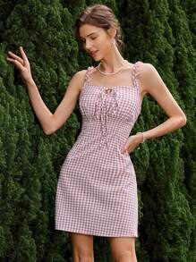 Aveloria Vintage Vacation Elegant Color Block Plaid Ruffle Hem Square Neck Tie Waist Bowknot Mini Dress