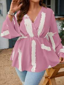 SHEIN Clasi Plus Size Women Brush Printed Loose Fit Shirt With Bell Sleeves For Spring And Summer
