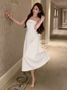 DAZY 女士时尚纯色吊带吊带返校节礼服舞会礼服优雅太阳裙婚礼女士连衣裙 - 白色 - 查看 8