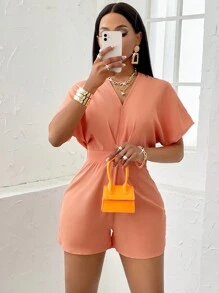 AIJ 女士蝙蝠印花不对称腰身连体裤 - 橘色 - 查看 6