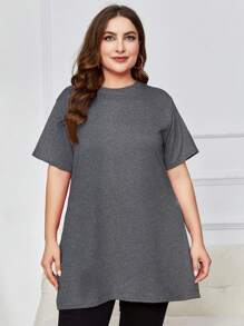 INAWLY 夏季大尺碼純色側開叉短袖T恤 - 灰色 - 查看 5