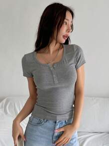 Dazy Star Women Solid Color Casual Daily Wear Short Sleeve T-Shirt For Spring And Summer Preppy Tops - Grey - View 3
