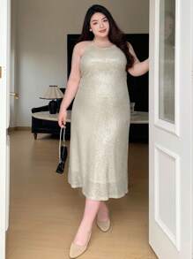 Dazy Plus Plus Size Women Sexy Fitted Sequin Party Long Camisole Dress Party Women Sundress Homecoming Dresses Prom Dress New Year Eve Dress Sparkly Dress Cocktail Dress - Apricot - View 4