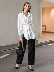 SHEIN Privé Commuter Oversized Color Block Cuff Long Sleeve Tie-Front Shirt