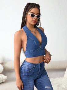 SHEIN EZwear Top Denim corto de verano casaul para mujeres con escote en V profundo y cuello halter