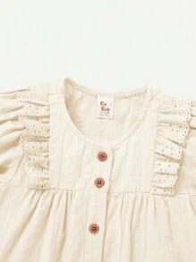 Cozy Pixies Soft Round Neck Cardigan For Baby Girl With Ruffled Detail And Puff Sleeves - Apricot - View 3