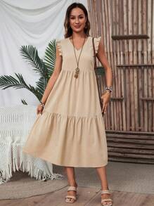 EMERY ROSE 夏季純色V領短袖連衣裙 - 卡其色 - 查看 6