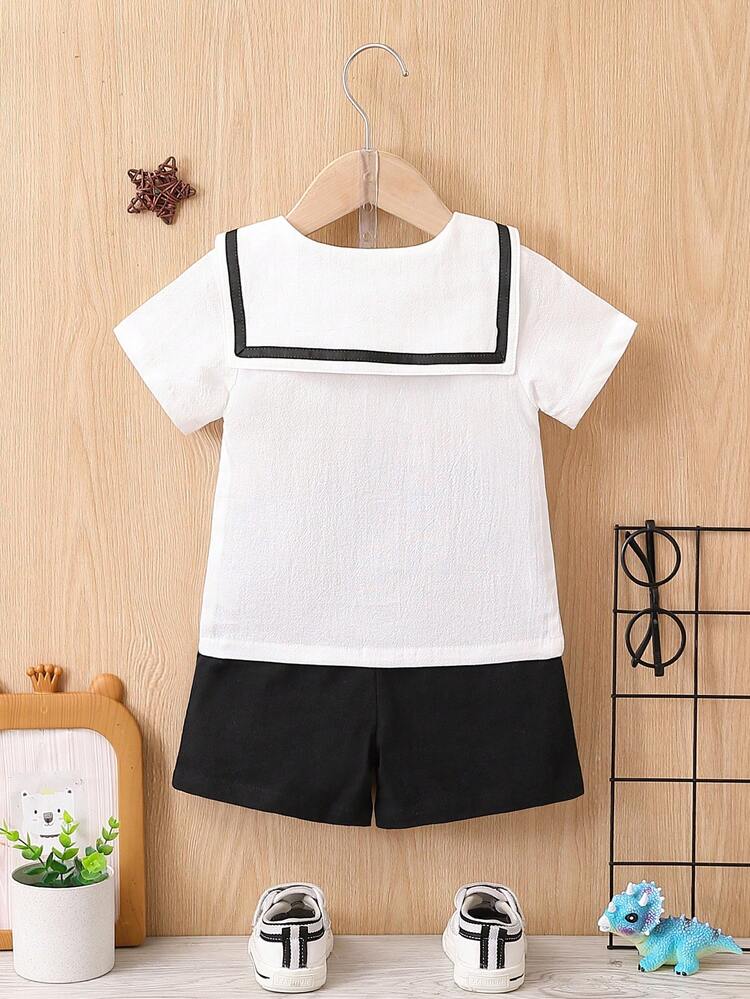 Baby Boys Summer New Handsome Navy Collar Color Blocked Bow Tie Shirt & Solid Colored Shorts 2pcs Set