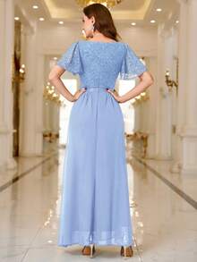 MIUSOL Contrast Sequin Lace Heart Neckline Ruffle Sleeve Evening Party Maxi Dress - Baby Blue - View 3