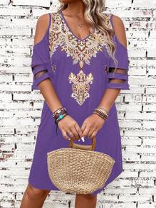 SHEIN LUNE Plus Size Cổ điển Đầm trễ vai in hình cổ điển mùa hè - Màu tím - Xem 1