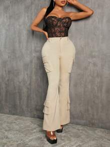 SHEIN SXY 女性休閒高街喇叭口貨褲，配有3D口袋，卡其色 - 卡其色 - 查看 7