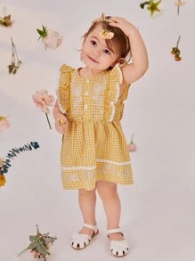 SHEIN Babymeisje Lotusblad Geborduurde bloemen Damboord Korte mouwen Jurken Met Vlinderdas Hoofddoek , Elegant , Comfortabel En Perfect Voor Vakantie In Lente En Zomer
