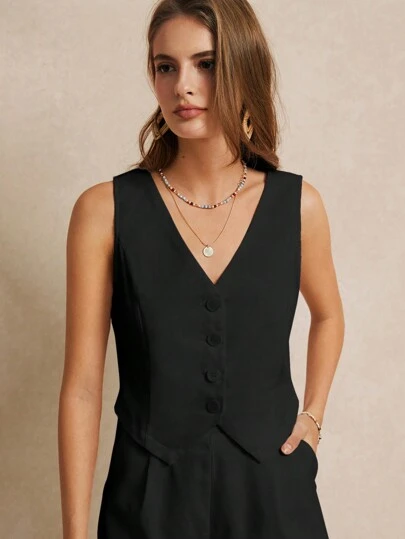 Poéselle Summer Vacation Wedding Season, Casual Boho Chic Solid Color Minimalist Draped V-Neck Sleeveless Blazer With Decorative Button Details, Elegant Romantic, Cute Top, Short Women , Essential, Summer Outfit, Wedding Season Essential, Cottagecore In Fall/Winter