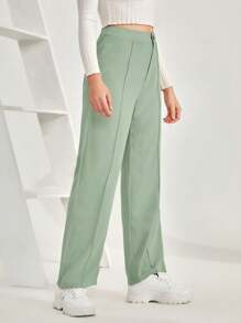 SHEIN Frenchy Women Fashionable Solid Color All-Match Line Design Elegant Long Pants Winter Green Casual Christmas - Green - View 4