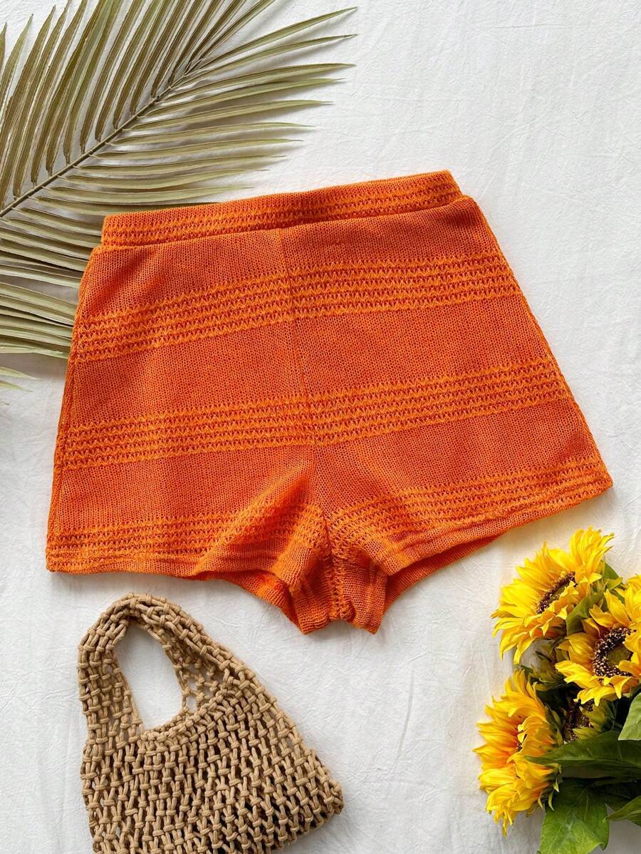 Soleia Damen orange Shorts mit elastischem Bund, minimalistisches strukturiertes Strick-Lässig-Modell für Urlaub und Sommer