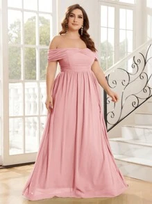 SHEIN Belle Plus Size Cho Nữ Váy Cô Dâu Dài Màu Trơn Với Đường Viền Cổ Trễ Vai Và Xếp Ly - Hồng - Xem 6