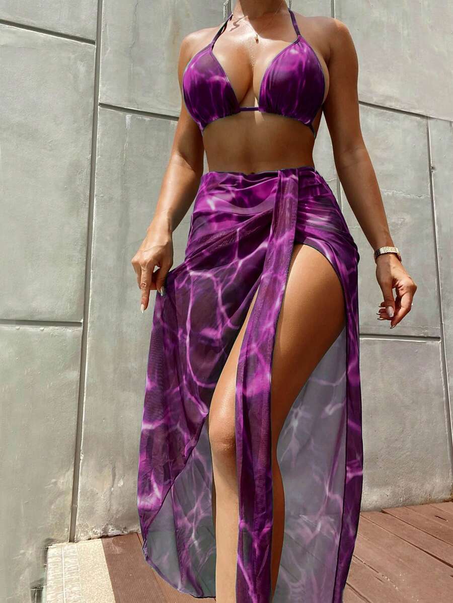 Swim Vcay Bộ bikini cổ yếm đi biển mùa hè dành cho nữ & Váy che chắn có in hình ngẫu nhiên - Màu tím - Xem 1