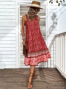 Breezaya Váy dây mảnh không tay in họa tiết toàn thân cho nữ, phù hợp mặc mùa hè, năm mới, trang phục đi biển Maxi - Đỏ - Xem 6